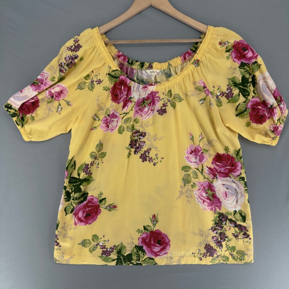 Matilda Jane Womens Yellow Floral Rayon Lyocell Puff Sleeve Blouse Top Large